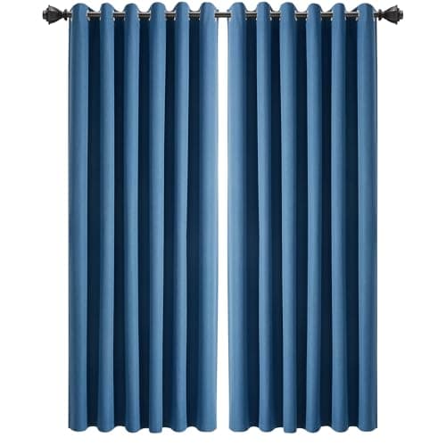 Image of INSPIRE HOMEWARE 100% Blackout Eyelet Linen Curtains for Bedroom 90x90 Inch Drop Thermal Insulated & Super soft Ring Top Blue Curtain 2 Panel with Matching Tie Backs