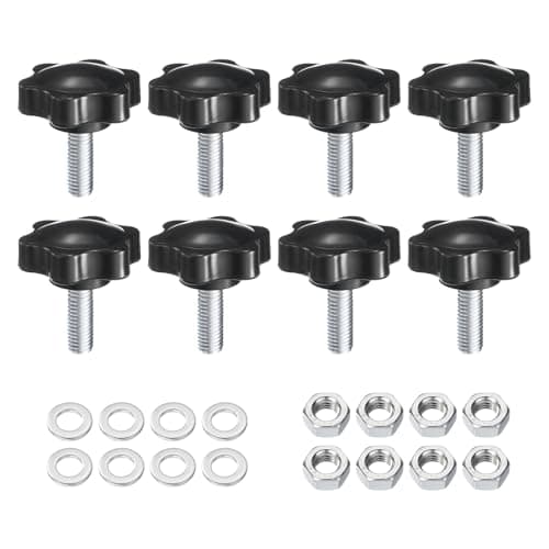 Image of sourcing map 8pcs Star Clamping Knobs with Nuts Washers, M8 x 25mm Metric Zinc Plated Carbon Steel Male Thread 38mm 6-Star Plastic Head, Threaded Stud Hand Knobs Handles Thumb Screws, Black