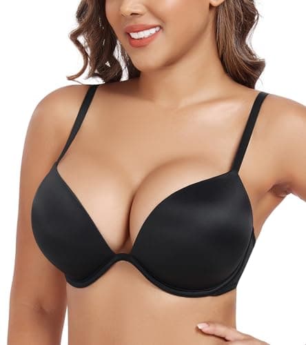 Image of DotVol Women's Thick Padded Push Up Deep Plunge Underwire T-Shirt Everyday Bra(Black,34A)