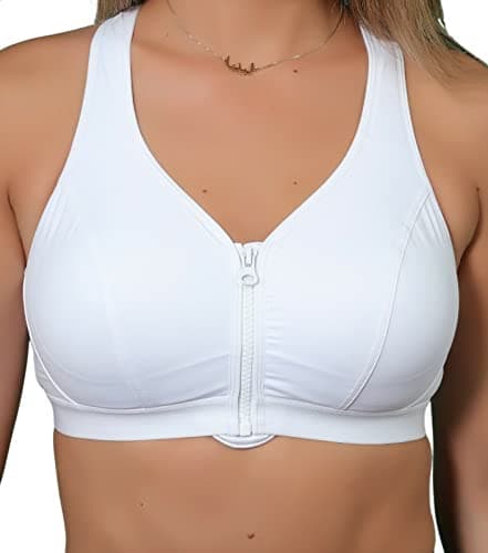 Image of Gemm Womens Plus Size Medium Sports Bra High Impact Non Wired Zip Front Fastening UK White, 36F