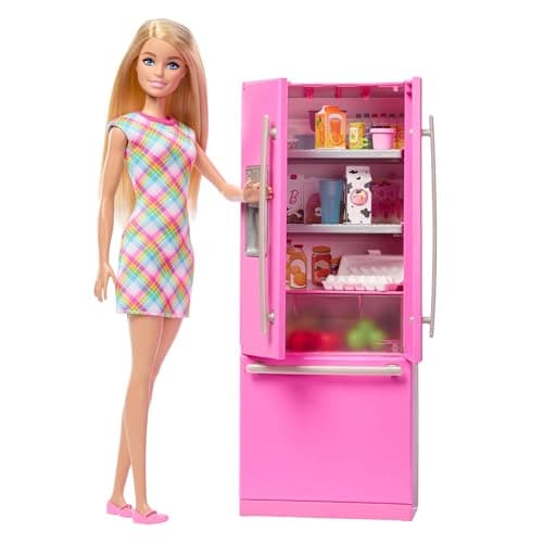 Image of Barbie Doll & Kitchen Playset with Refrigerator & 10 Accessories Including Food Pieces, Plus Sticker Sheet, JKB52