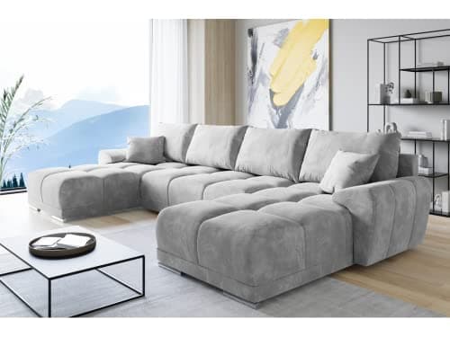 Image of Easy Velvet U-Shape Corner Sofa - Light Grey Sofa - Couch with Storage Space and Cushion - Pull-Out Sofa Bed - Sofa with Sleep Function - Sofa Bed with Bed Box - Guest Bed - 385 x 189 cm