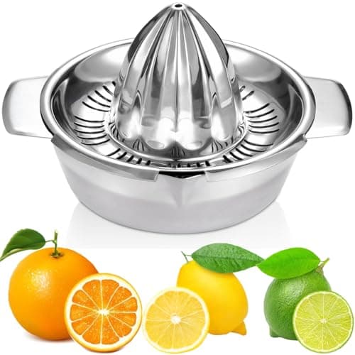 Image of Citrus Juicer Manual Lemon Squeezer Stainless Steel 304 Robust Orange Grapefruit Lime Hand Reamer Rotation Press with Strainer& 350ML Container, 2 Pour Spouts, Ø 13.8 cm, Dishwasher Safe, Heavy Duty