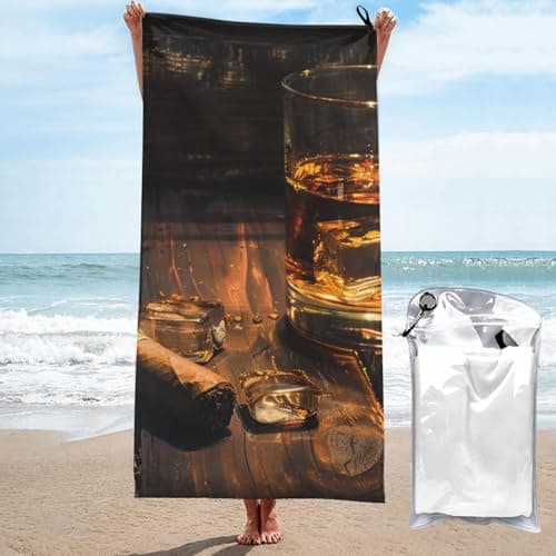Image of kkvhhyuo Cigar & Whiskey Print Beach Towel 27.5"x55", Quick Dry Absorbent Compact Bath Towels for Swimming Pool Camping Travel