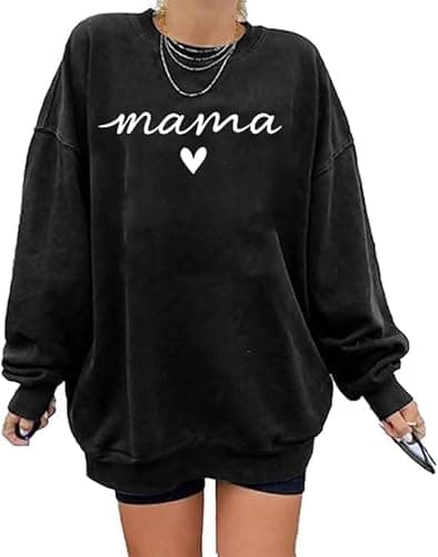 Image of Ladicme Mama Sweatshirts for Women Oversized Round Neck Casual Mama Letter Print Pullover Mom Hoodies Long Sleeve Blouse Tops, Black, XXL