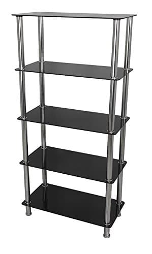 Image of MAHARA 5 Tier Chrome Effect Black Glass Shelving Unit - Tempered Safety Glass Shelves Max 7kg Each - Storage Unit W70cm x D35cm x H144.5cm - Bedroom Storage/Living Room Accessories/Home Accessories