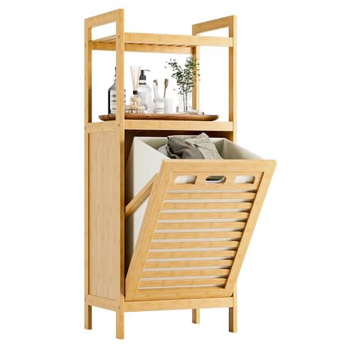 Image of HITNET Tilt Out Laundry Hamper, Bamboo Laundry Basket with Foldable Bag and 2 Open Shelves, Freestanding Clothes Storage organizer for Bedroom, Bathroom, Living Room, Natural