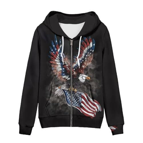 Image of TOFRIMADE Zip Up Hoodie Women Oversize Hooded Sweatshirt, Causal Pullover Cardigan Drawstring Hoodies with Pockets, American Flag Eagle Design, 5X-Large