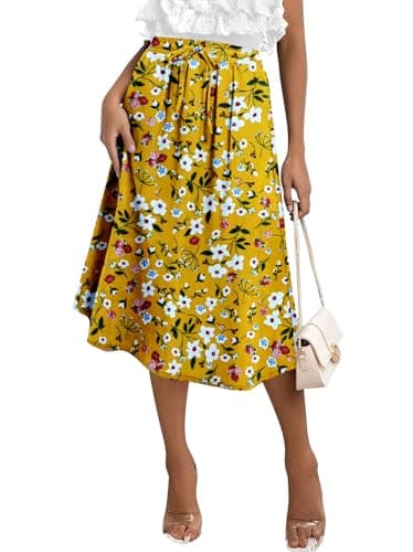 Image of KISSMODA Womens Midi Skirt High Waist A Line Boho Skirts Trendy Casual Work Elegant Summer Palazzo with Pockets Yellow