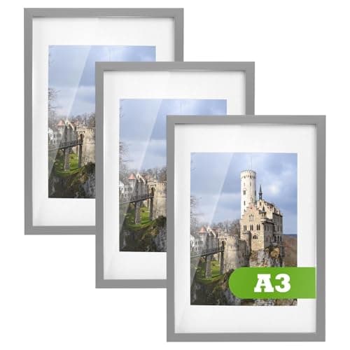 Image of Nicola Spring A3 Picture Frames with A4 Mounts - 3 Pack Grey Photo Frame (29.7 x 42cm) - Landscape Portrait Display with Glass Front Aperture for Freestanding & Wall Mounting Certificate, Poster