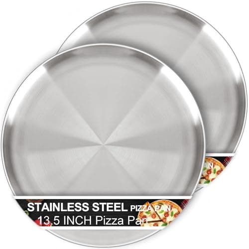 Image of AWTBDP 13½ Inch Pizza Pan for Oven Set of 2, Non-Stick Large Round Stainless Steel Pizza Pans Plates, Durable Non-Toxic Pizza Steel Tray for Baking Cookie Pie Pizza Cake, Dishwasher Safe & Easy Clean