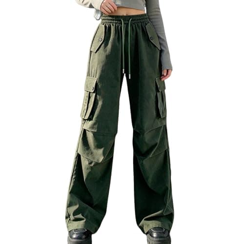 Image of DOINEUFL Cargo Trousers Women High Waist Elastic Wide Leg Drawstring Adjustable Hem Utility Pants Casual Baggy Fit Ladies Trousers with Pockets (UK, Alpha, M, Regular, Regular, Gray-Green)