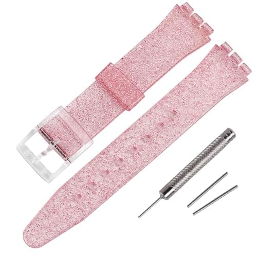 Image of Rihahisy Silicone Rubber Watch Strap/Watch Band Replacement for Swatch (17mm, Sparkle Pink)