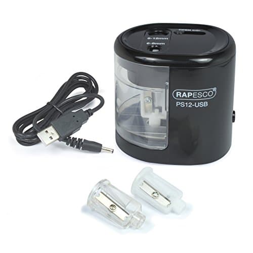 Image of Rapesco 1449 PS12-USB Automatic/Electric Pencil Sharpener with USB or Battery (not Included) Charging, Black