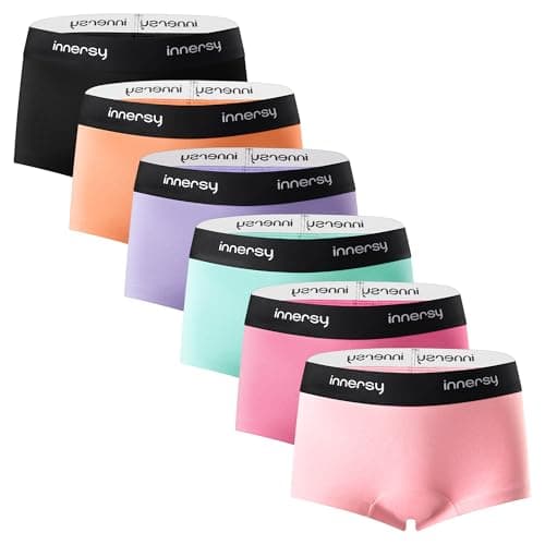 Image of INNERSY Girls Shorts Knickers Cotton Teen Boxer Briefs Underwear Soft Boyshort Panties Pack of 6 (10-12 Years, 5 Sweet Pastels/1 Black)