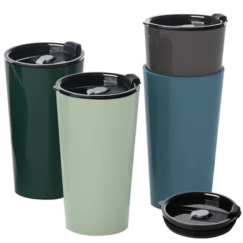 Image of Greentainer Travel Mugs with Lids, Plastic Large Unbreakable Coffee Cups, 600ml Reusable to Go Camping Coffee Tumbler for Cold Water, Beer, Milk, Dishwasher & Microwave Safe, Set of 4