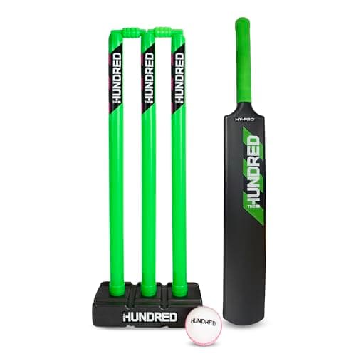 Image of Hy-Pro Officially Licensed The Hundred Cricket Set - Size 3 Plastic Bat, Junior Stumps, Windball
