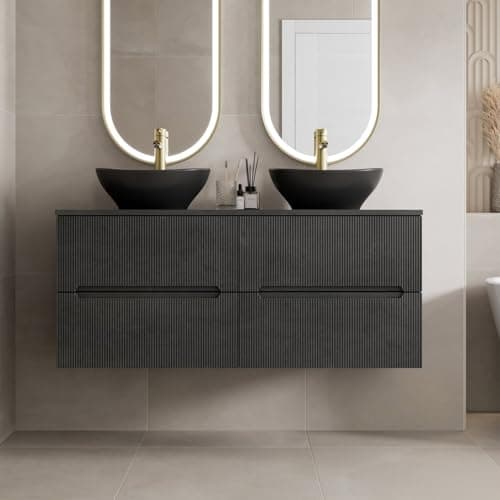 Image of Vitusso® 1200mm Fluted Bathroom Cloakroom Vanity Unit Countertop Double Oval Basin Sink Wall Hung Storage Furniture Soft Close, Black