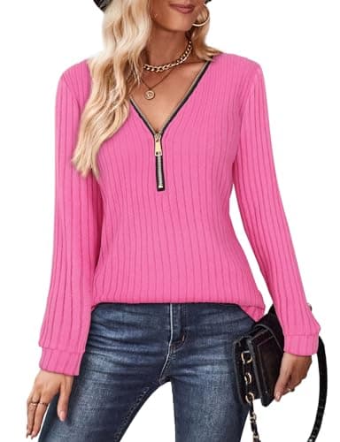Image of Gemulate Long Sleeve Slim fit Tops for Women V Neck Zipper Sweaters Ladies Lightweight Zip up Blouse Sweatshirt Ribbed Winter Top Hot Pink M