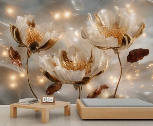Image of Golden Floral Murals, Art Abstract Blossoms Flower Wallpaper, Luxurious 3D Relief Floral Wallpaper for Kids Room for Bedroom Poster Mural Living Room Dining Room Decor 232 X 158 cm