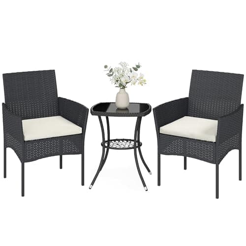 Image of Outsunny 3 Piece Rattan Bistro Set, PE Wicker Garden Furniture Conversation Set, 2 Tier Glass-Top Bistro Table and Chairs for 2 with Cushions for Patio, Balcony, Porch, Cream White