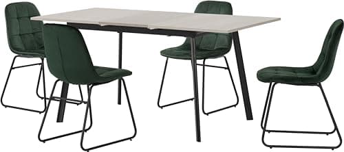 Image of Seconique Avery Extending Dining Table Set with 4 Lukas Dining Chairs in Concrete/Emerald Green Velvet