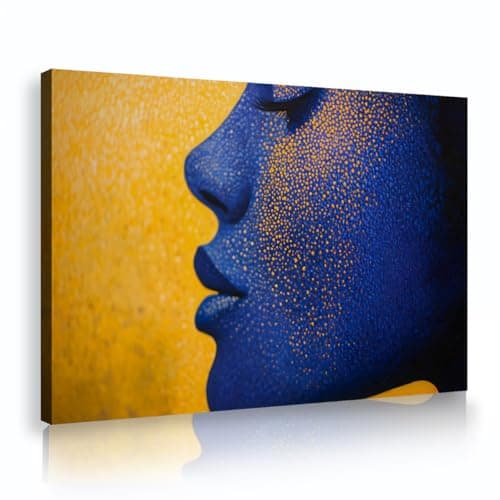 Image of OSHIONARTE Orange Blue Canvas Wall Art Abstract Blue Face with Speckles Painting Pictures for Modern Living Room Decor Ready to Hang 70x100cm Innerframe