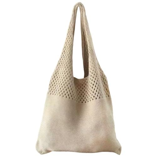 Image of GWAWG Crochet Tote Bag, Mesh Beach Bag for Women, Lightweight Woven Holiday Bag, Boho Summer Shoulder Bag, Large Reusable Knit Tote for Vacation, Picnic, Shopping, Travel (Beige)