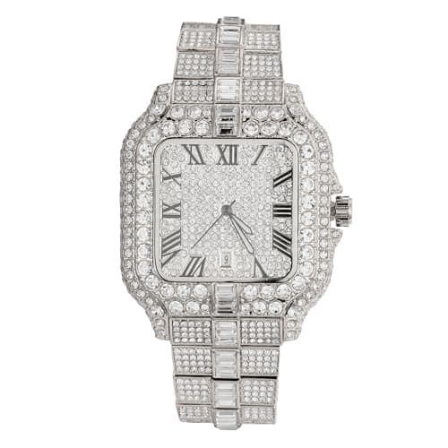 Image of HALUKAKAH Watch for Men - Moissanite Diamond Iced Out - Luxury Platinum Plated,Japanese Quartz,41MM Square Dial with Calendar,Heavy-Made - 21.5cm Length - Includes Giftbox