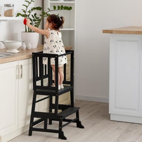 Image of COSYLAND Toddler Kitchen Step Stool Tower - Kids Nursery Step Stool Standing Tower for Kitchen Counter - Solid Bamboo Mothers' Helper Kids Learning Stool (Black)