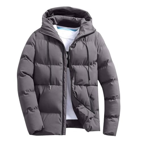 Image of Men's Puffer Jacket Casual Full Zip Long Sleeve Hooded Coats Warm Solid Color Drawstring Quilted Down Jackets Lightweight Padded Outerwear for Cold Weather Fashion Streetwear Parkas Outwear