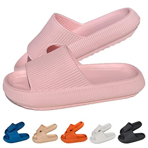 Image of HOPEME Cloud Sliders Women Men Cushiony Slippers with Thick Outsole, Anti-Slip and Waterproof Pillow Sliders for Bathroom, Pool and Outdoor, Pink 7-7.5