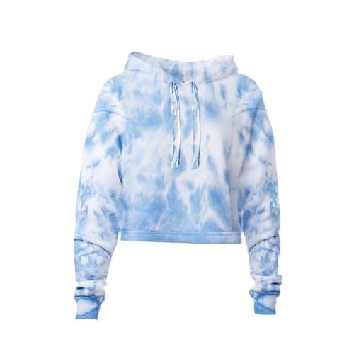 Image of NOROZE Women's Tie-Dye Long-Sleeve Crop-Top Sweatshirt Hoodie Drawstring Pullover Fleece Jumper Tops (12, Blue)