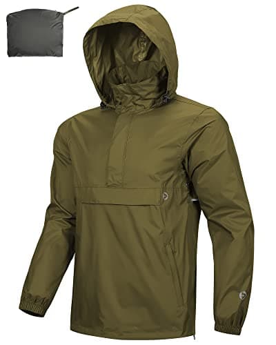 Image of Outdoor Ventures Rain Jacket for Men Waterproof Pullover Lightweight Hooded Outdoor Raincoat Packaway Breathable Reflective Anorak Jacket for Travelling, Camping, Running, Hiking, Green 2XL
