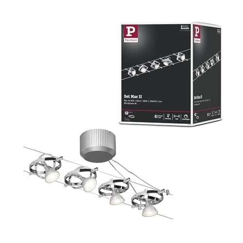 Image of Paulmann 94133 Cable Lighting System – Mac II Set, Extendable Max 5 x 10 Watt Matt Chrome Wire Suspension Lamp Cable Lighting System Without Bulbs