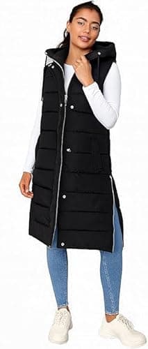 Image of Super Nova Women's Long Puffer Hooded Gilet | Hooded Sleeveless Jacket, Warm Quilted Bodywarmer with Side Zips | UK Sizes S to 3XL (UK, Alpha, L, Regular, Regular)