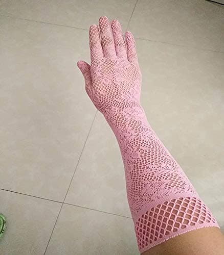 Image of SePkus 2 Pair Fishnet Gloves Floral Bow Lace Long Gloves for Women Bridal Wedding Gloves Party Fancy Costumes (Color : Black, Size : L) (Pink L)