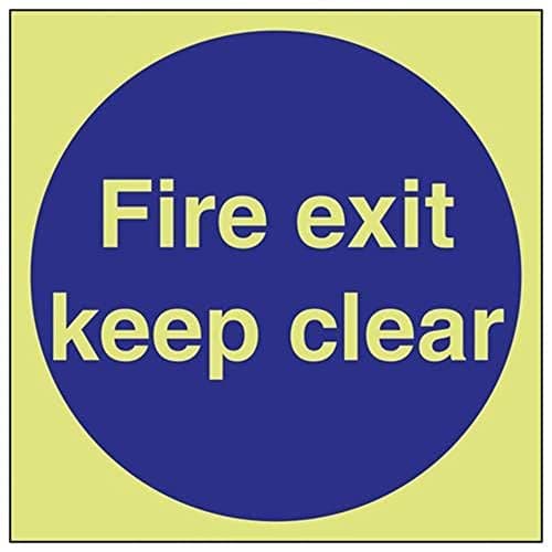 Image of V Safety Glow In The Dark Fire Exit Keep Clear Mandatory Sign - 200mm x 200mm - Self Adhesive Vinyl