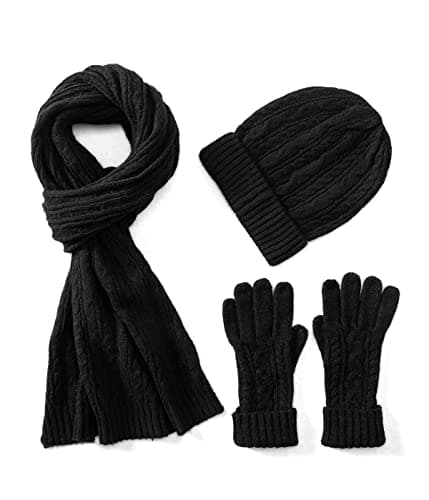 Image of Villand 3 in 1 Womens Wool Hat Gloves & Scarf Winter Set, 3 Piece Cable Knitted Beanie Hat for Women with Gift Box (Black)