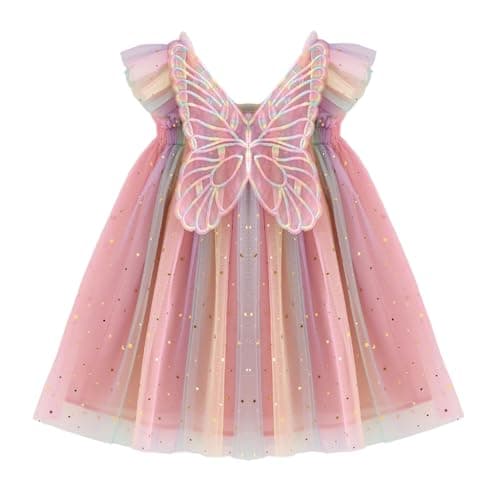 Image of PythJooh Baby Girl Butterfly Wings Dress Toddler Girl Rainbow Stars Sequins Tulle Dress Princess Party Dress Puffy Dresses for 0-4Years