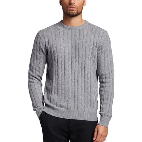 Image of WJL WHISPERING JONES LONDON Mens Cable Knit Jumper Thick Weave Pullover Winter Fisherman Logo Knitted Sweater Long Sleeve Warm, Grey - FE, M