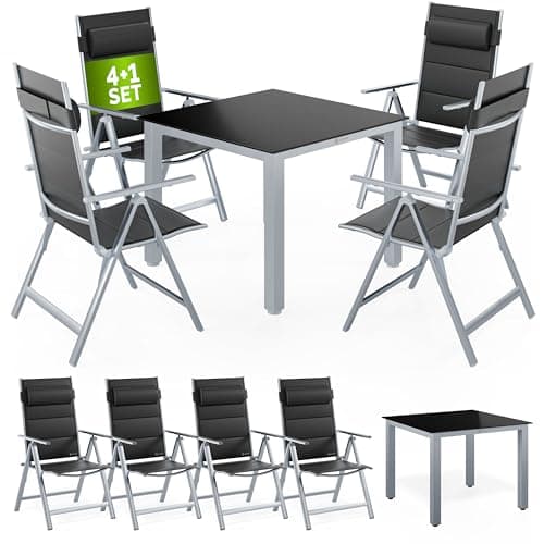 Image of CASARIA® Bern 5 Piece Aluminium Garden furniture Set | 4 Adjustable High Back Reclining Foldable Chairs With Head Cushions | Table 90x90cm Weatherproof Outdoor Patio Seating Group | Silver