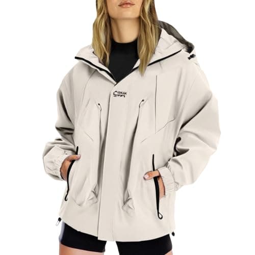 Image of Waterproof Jacket Women Lightweight Full Zip Raincoat Casual Outdoor Jacket with Hooded Softshell Rain Coat Sports Hiking Walking Cycling Fall Outfits for Women