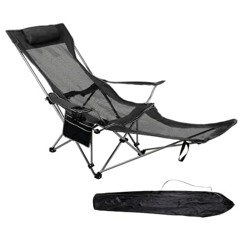 Image of Livhome Camping Chairs Folding Recliner Chair Adjustable with Detachable Footrest Headrest Cupholder Pocket Lightweight Portable Reclining Camp Fold up for Outdoor Beach Garden (Black) (31141)