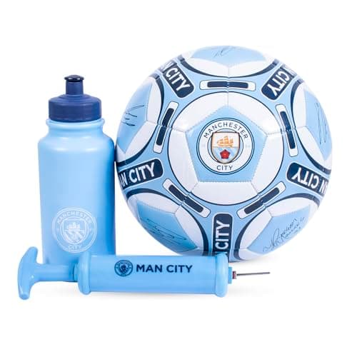 Image of Hy-Pro Officially Licensed Manchester City F.C. Signature Football Gift Set - 32 Patch Football Design with Water Bottle - Size 5