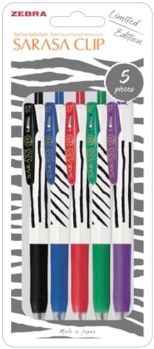 Image of Zebra SARASA CLIP Stripes Gel Pens 5pk - Retractable Coloured Pens with 0.7mm Nib, Smudge Proof, Rapid Dry Ink, Comfort Grip & Push Clip, Water Resistant, Assorted Colours