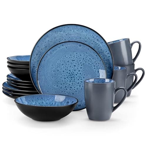 Image of vancasso Bubble Blue Dinner Set, 16-Piece Reactive Glaze Dinnerware Plates and Bowls Set, Dinner Service with 11in Plate, 8in Dessert Plate, 7in Bowl and 380ml Mug, Service for 4