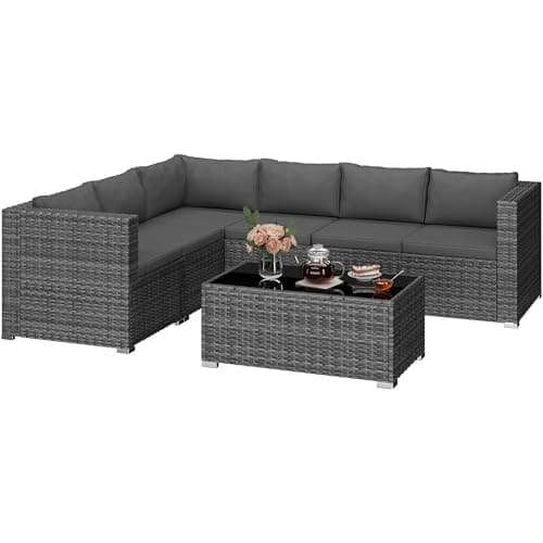 Image of Yaheetech 6-Seat Rattan Corner Sofa Set, 7-Piece Modular Wicker Patio Furniture with Thick Cushions, Removable Covers, Glass Top Coffee Table for Backyard, Garden, Deck & Poolside, Grey