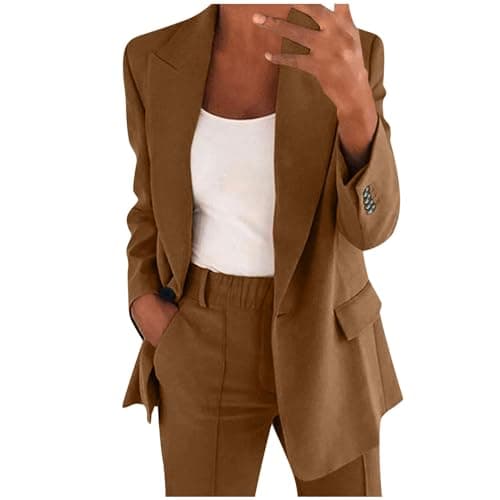 Image of Women Pants Women Two Piece Lapels Suit Set Office Business Long Sleeve Button Formal Jacket Pant Suit Slim LooseTrouser Jacket Suit Womens Pants Suits Formal (Coffee, S)