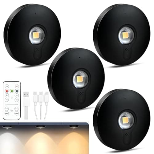 Image of Under Cupboard Kitchen Lights with Remote, 4 Pack USB Wireless Rechargeable LED Puck Lights with 3 Colors & Timing Function, Dimmable Stick On Light for Closet Wardrobe Cabinet Display Shelf, Black